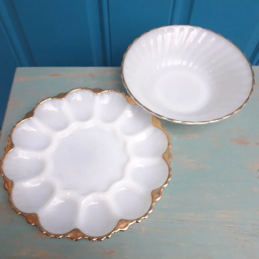 Milk Glass Bowl Egg Dish Set Gold Rimmed Vintage Fire King White Anchor Hocking - Picture 2 of 16